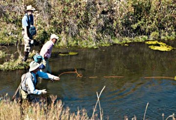 Skip Morris, guide GL Britton, and friend Brian Soth hunting for big 'bows on Crab Creek in eastern Washington State