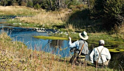 Author Skip Morris and guide Josh Seaton hunting for big Crab Creek rainbows (eastern Washington State)