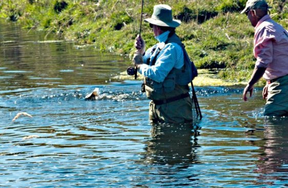 Author Skip Morris and guide GL Britton watching a large Crab Creek rainbow fight and run