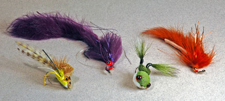 Dahlberg Diver, Foamtail Super Worm, Messenger Bucktail Frog, Meat Whistle bass flies